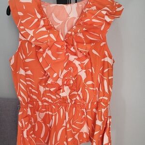 Who What Wear Orange Leaf Print Ruffle Blouse